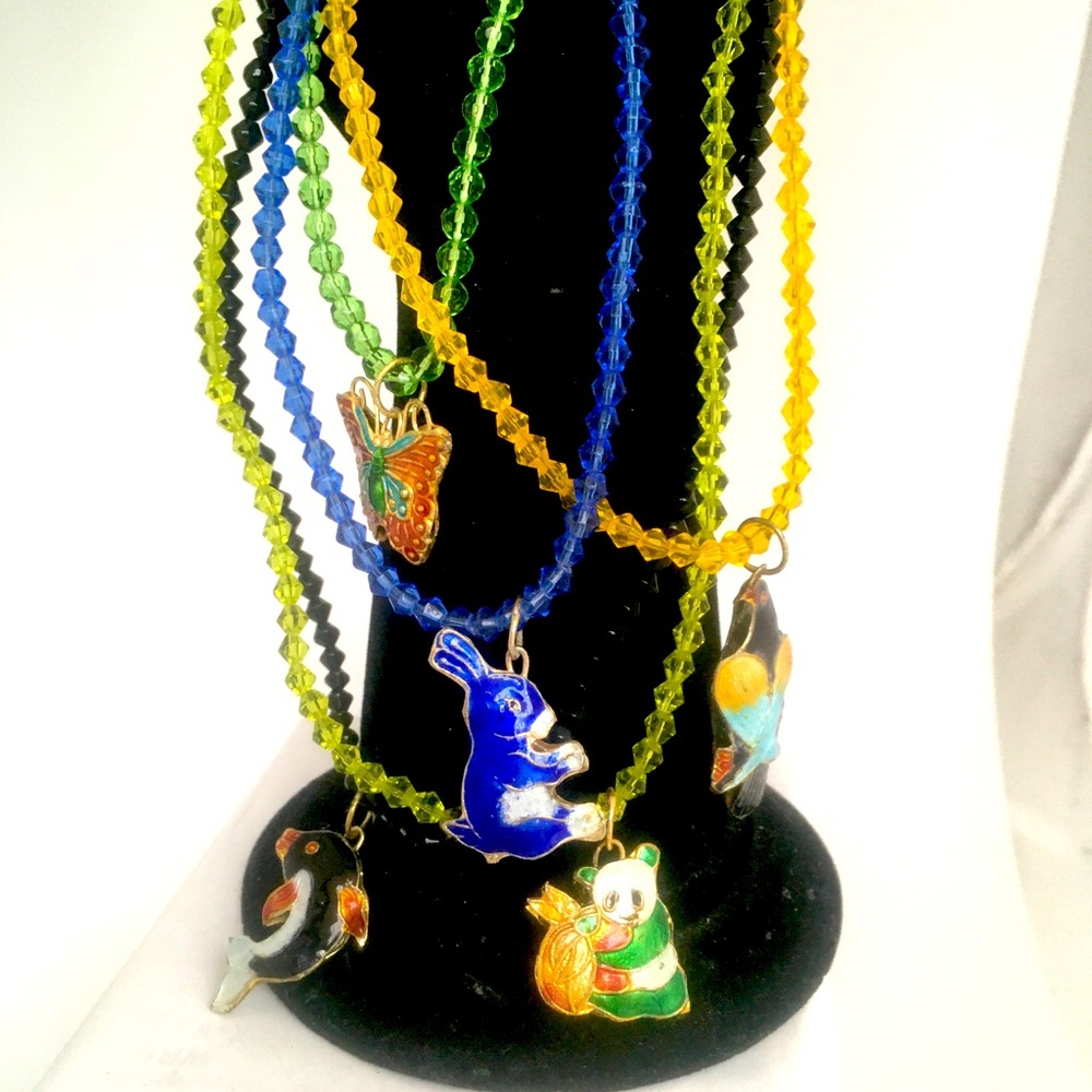 5 crystal necklaces with animal charms for littles